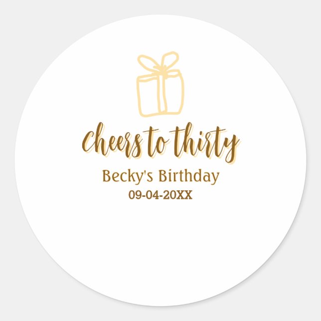 Pegatina Redonda Cheers to thirty yellow brown birthday pastel gift (Anverso)