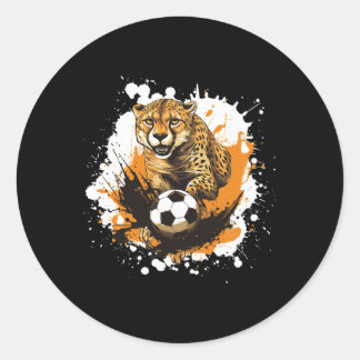 Pegatina Redonda Cheetah Playing Soccer Funny Animal 