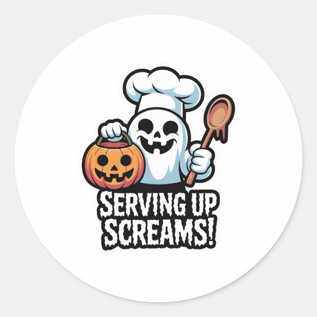 Pegatina Redonda Chef Boo – Spooky Cute Halloween Ghost Spoon (Anverso)