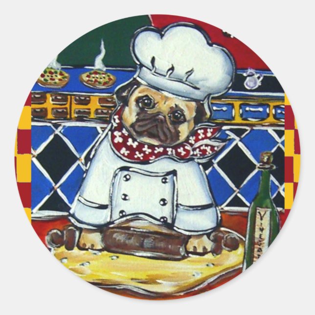 Pegatina Redonda Chef de pizza pug (Anverso)