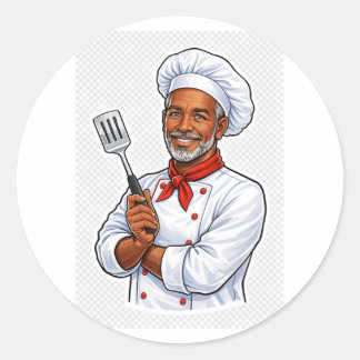 Pegatina Redonda chef feliz cocinando cocina sticker de chef divert