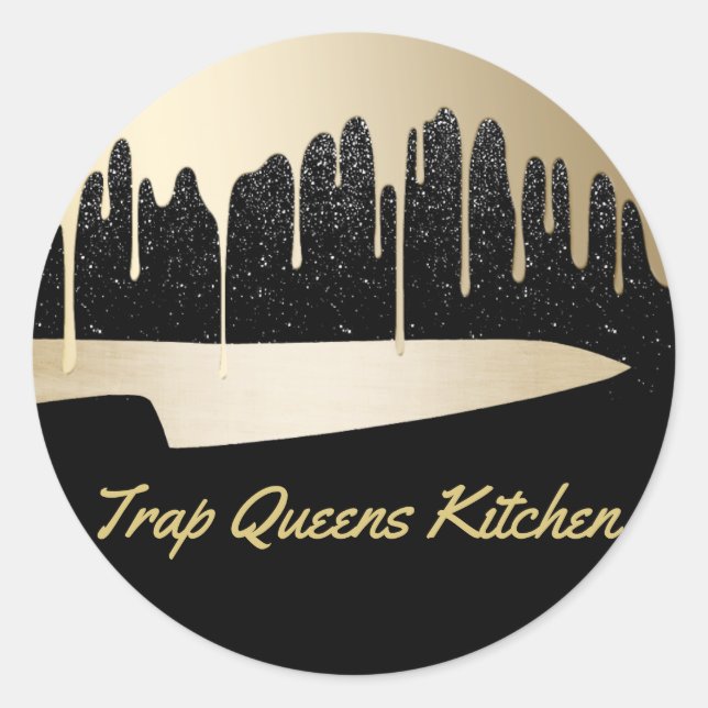 Pegatina Redonda Chef Knife Restaurant Catering Moderno Negro & Oro (Anverso)