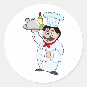 Pegatina Redonda Chef personalizado llevando comida y vino