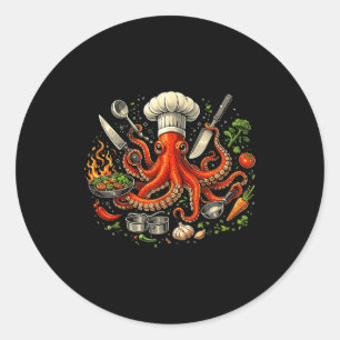 Pegatina Redonda Chef pulpo pulpo divertido cocinando sous chef coc