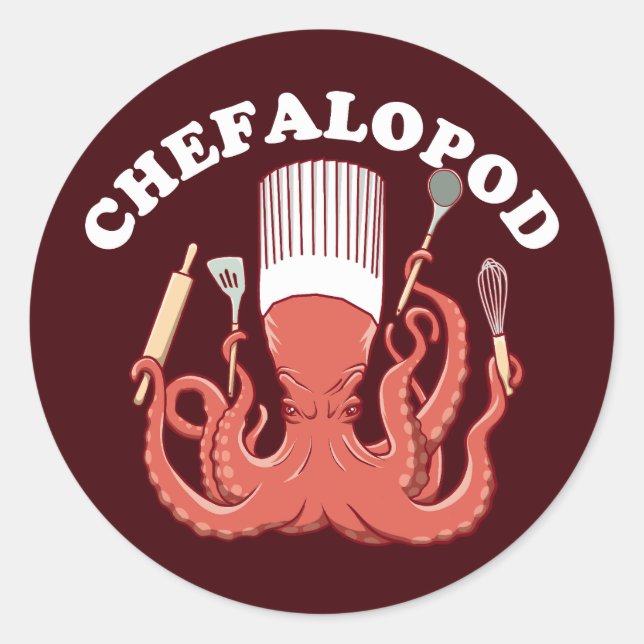 Pegatina Redonda Chefalopodo | Octopus Chef Funny Pun (Anverso)