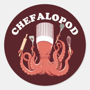 Pegatina Redonda Chefalopodo   Octopus Chef Funny Pun
