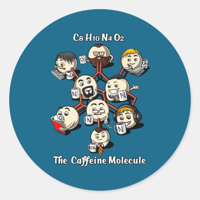 Pegatina Redonda Chemistry Caffeine Molecule Funny Science Geek Cof (Anverso)
