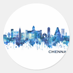 Pegatina Redonda Chennai Tamil Nadu Skyline Blue
