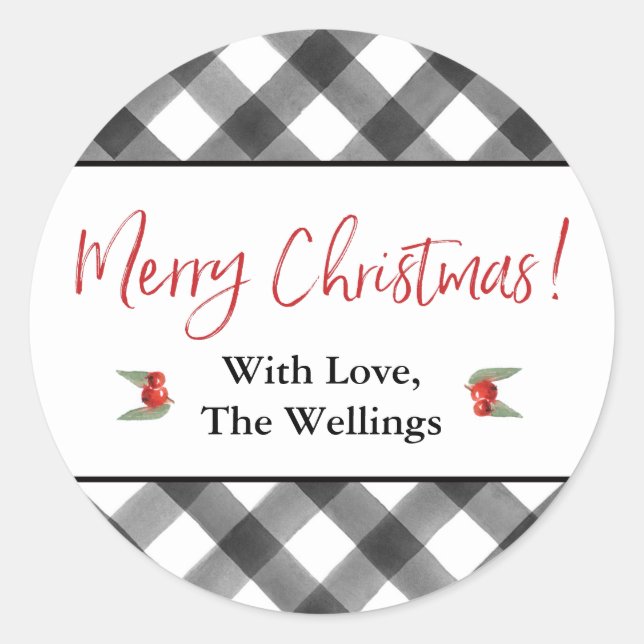 Pegatina Redonda Cheque de búfalo Personalizado navideño negro y bl (Anverso)