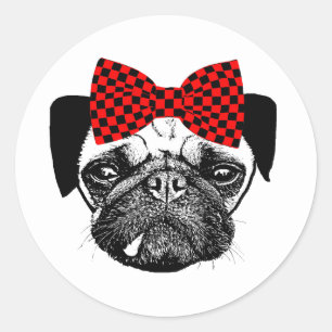 Pegatina Redonda Cheques rojos de perro de pug hembra doblan arte o