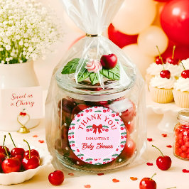 Pegatina Redonda Cherry Baby Shower Lazo de Gingham Rojo Agradecimi