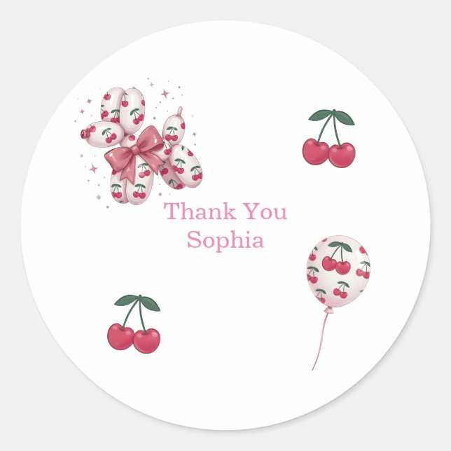 Pegatina Redonda Cherry Balloon Dog Birthday Thank You Sticker (Anverso)