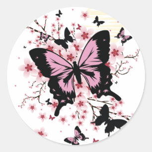 Pegatina Redonda Cherry Blossom Butterflies 