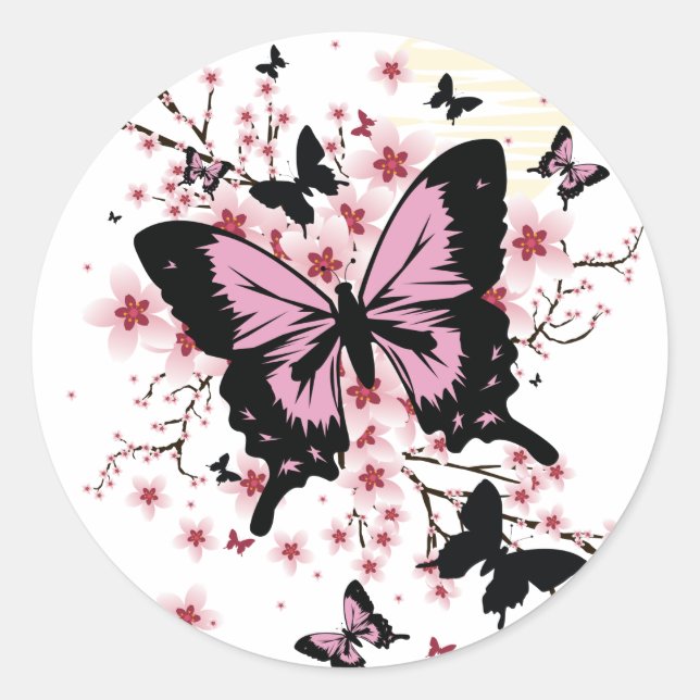 Pegatina Redonda Cherry Blossom Butterflies  (Anverso)