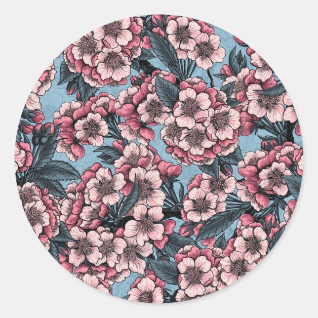 Pegatina Redonda Cherry blossom in pink and blue (Anverso)