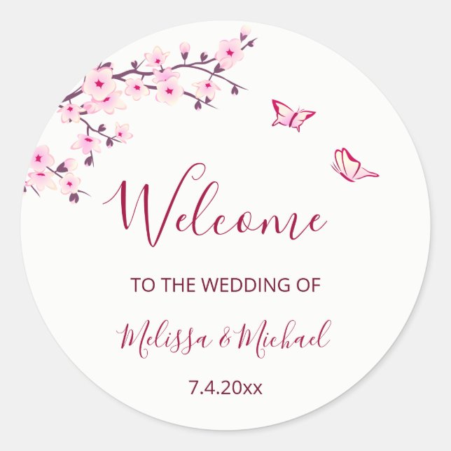 Pegatina Redonda Cherry Blossom Thank You Wedding Welcome (Anverso)