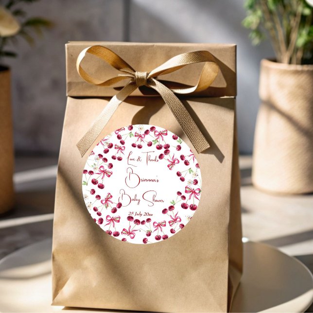 Pegatina Redonda Cherry en la parte superior de la cinta de la lámp (Cherry on top ribbon bow whimsical cherry baby shower favor sticker personalized thank you stickers)