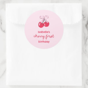 Pegatina Redonda Cherry First Birday Coquette Bow Favor
