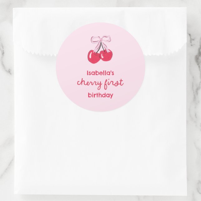 Pegatina Redonda Cherry First Birday Coquette Bow Favor (Bolso)
