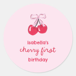 Pegatina Redonda Cherry First Birday Coquette Bow Favor