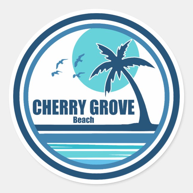 Pegatina Redonda Cherry Grove Beach South Carolina Palm Tree Birds (Anverso)