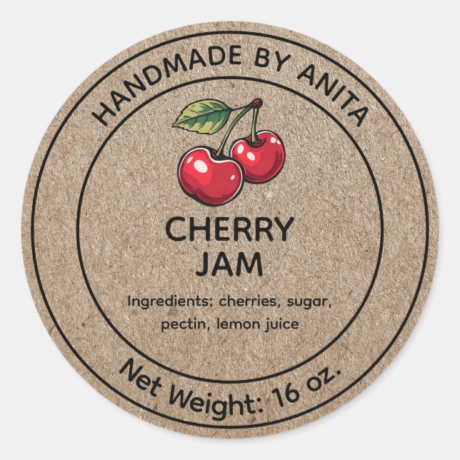 Pegatina Redonda Cherry Jam Jelly Jar Label Kraft Paper Style (Anverso)