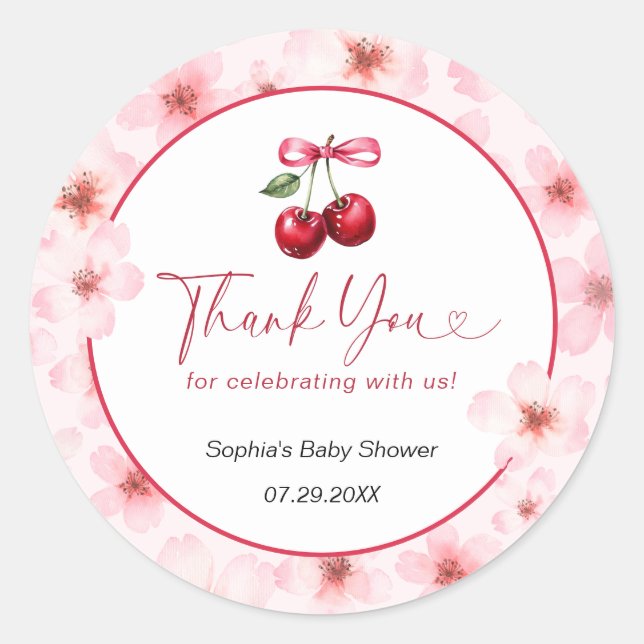 Pegatina Redonda Cherry On Top Baby Shower Cherry Blossom Gracias (Anverso)