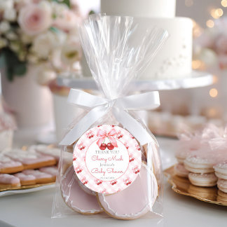 Pegatina Redonda Cherry Pink Bow Baby Shower