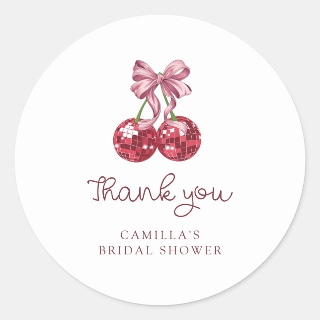 Pegatina Redonda Cherry Pink Bow Bridal Shower (Anverso)