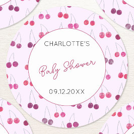 Pegatina Redonda Cherry Pink Watercolor Baby Shower Personalizado
