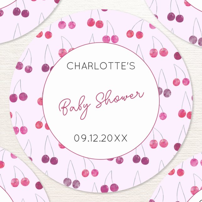 Pegatina Redonda Cherry Pink Watercolor Baby Shower Personalizado (Cute watercolor cherry pink and white pattern personalized baby shower name date stickers)