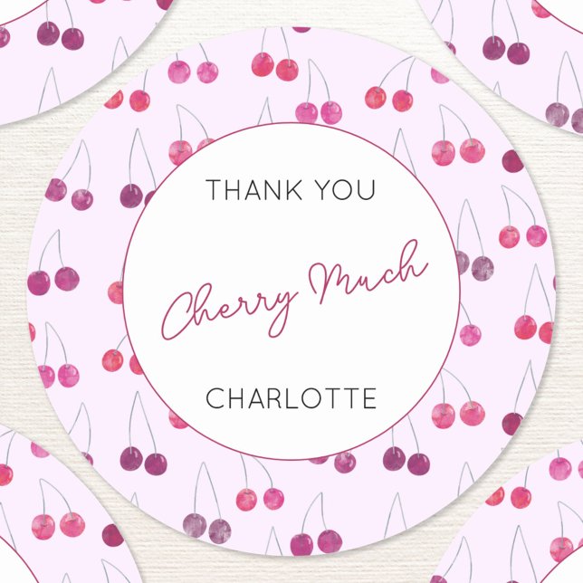 Pegatina Redonda Cherry Pink Watercolor Personalizado Gracias (Cute watercolor cherry pink and white pattern personalized name text thank you cherry much stickers)