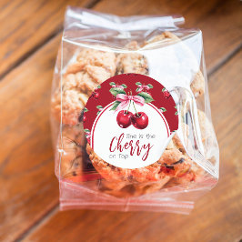 Pegatina Redonda Cherry Red Coquette Bow Chica Baby Shower