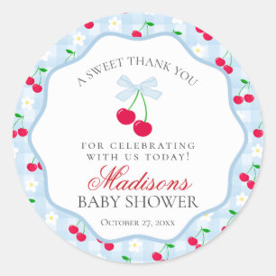 Pegatina Redonda Cherry Sweet Blue Coquette Bow Baby Shower Circle