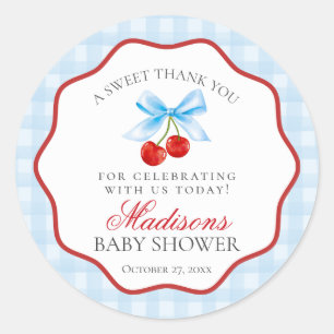 Pegatina Redonda Cherry Sweet Blue Coquette Bow Baby Shower Circle
