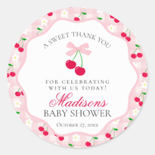 Pegatina Redonda Cherry Sweet Pink Coquette Bow Baby Shower Circle