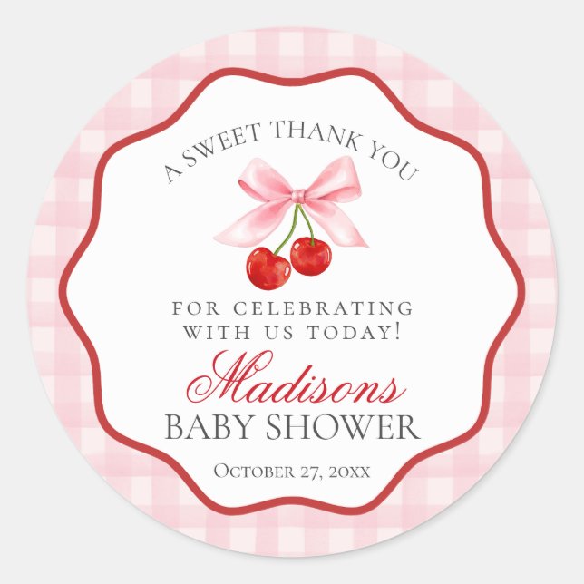 Pegatina Redonda Cherry Sweet Pink Coquette Bow Baby Shower Circle (Anverso)