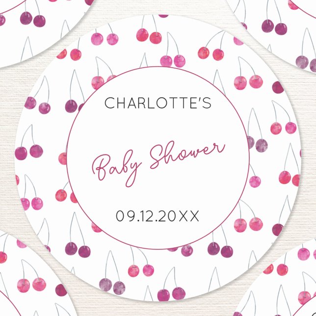 Pegatina Redonda Cherry Watercolor Baby Shower Personalizado (Cute watercolor cherry pink and white pattern personalized baby shower name date stickers)