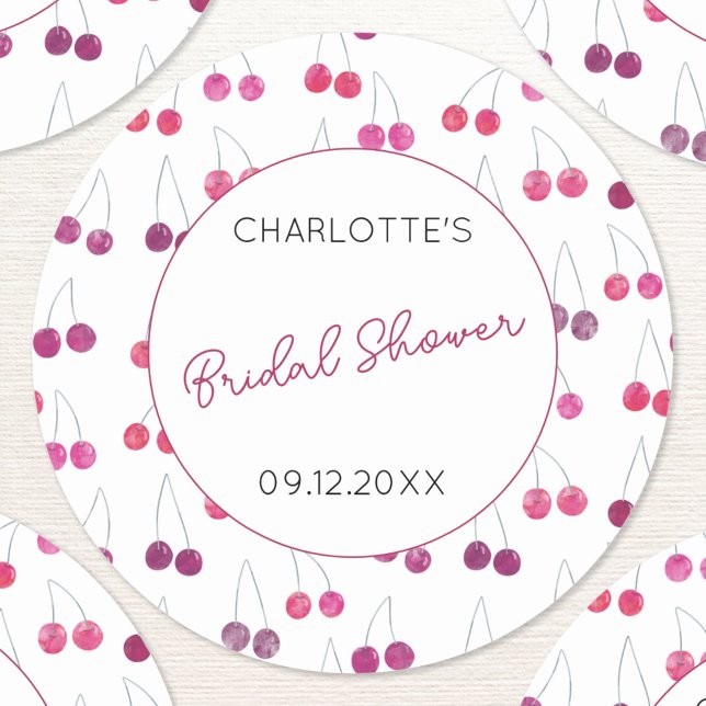 Pegatina Redonda Cherry Watercolor Bridal Shower Personalizada (Personalized custom text date name bridal shower watercolor cherry sticker)
