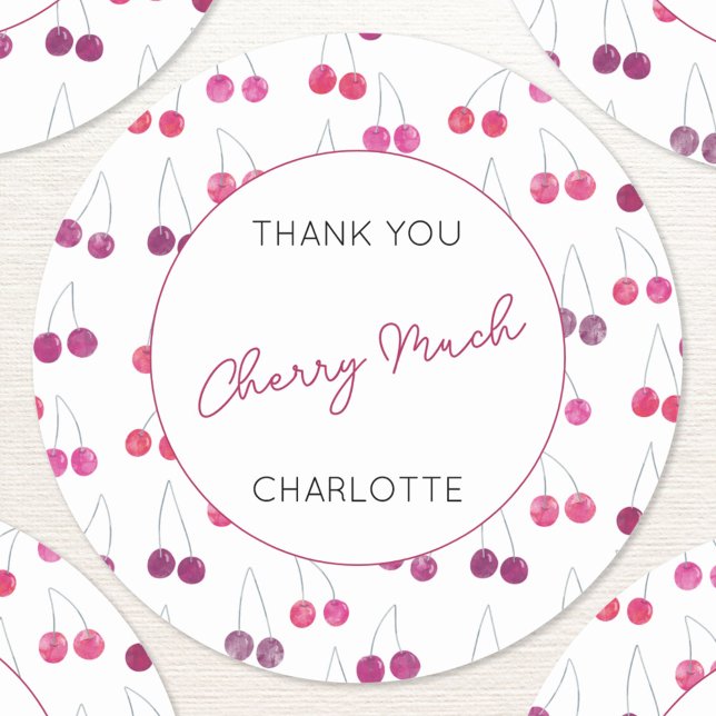 Pegatina Redonda Cherry Watercolor Personalizado Gracias (Personalized custom text thank you cherry much watercolor cherries pattern sticker)
