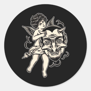 Pegatina Redonda Cherub Y Satan Tradicional Tattoo Blackwork