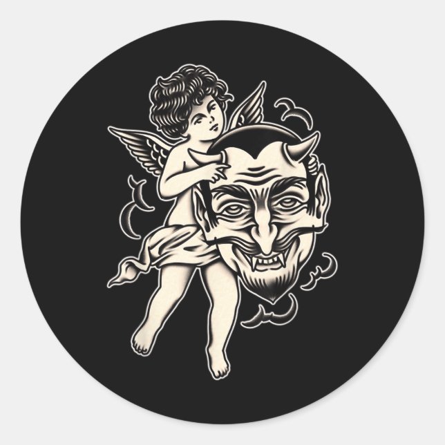 Pegatina Redonda Cherub Y Satan Tradicional Tattoo Blackwork (Anverso)