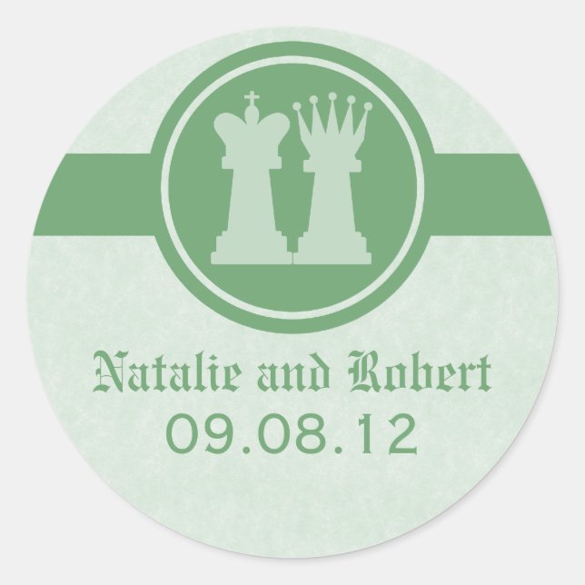 Pegatina Redonda Chess King and Queen Wedding Stickers, Green (Anverso)
