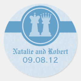 Pegatina Redonda Chess King y Queen Wedding Stickers, azul