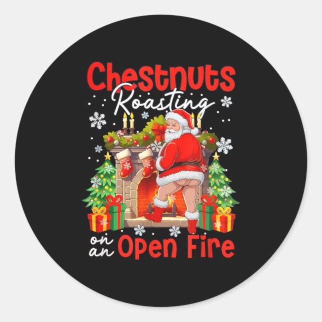 Pegatina Redonda Chestnuts Roasting On An Open Fire Funny Santa  (Anverso)