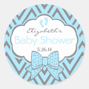 Pegatina Redonda Chevron-Baby Shower azul y gris