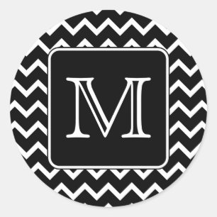Pegatina Redonda Chevron blanco y negro con monograma Personalizado