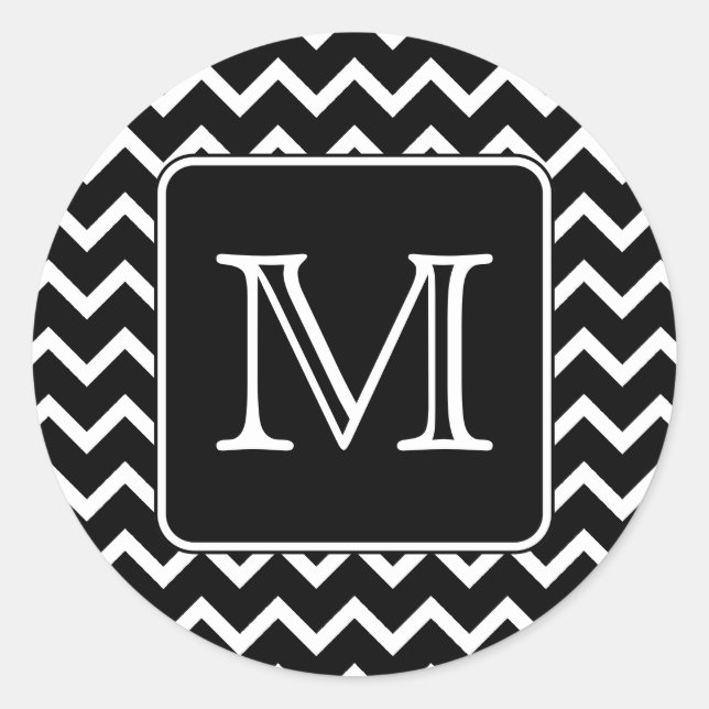Pegatina Redonda Chevron blanco y negro con monograma Personalizado (Anverso)