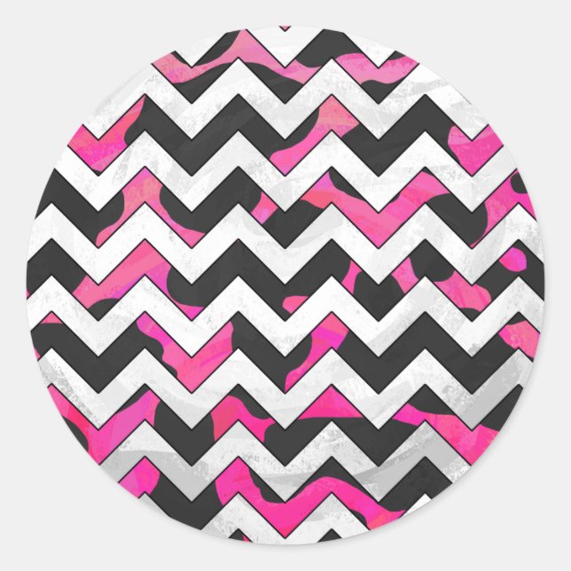 Pegatina Redonda Chevron Cow Hot Pink and Black Print (Anverso)