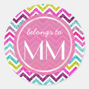 Pegatina Redonda Chevron Faux Purpurina Bling Coloful Girly Tags